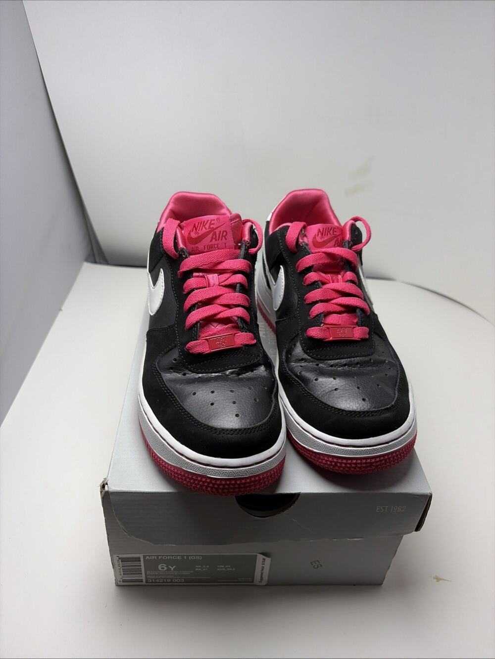 Nike Air Force 1, Black, Pink, White, Youth 6 Genuine Leather, EGU